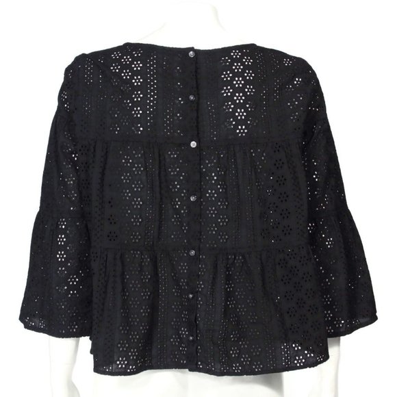 MADEWELL Eyelet Flutter Sleeve Button Back Tiered Black Cotton Top sz Small /328 - Picture 3 of 5